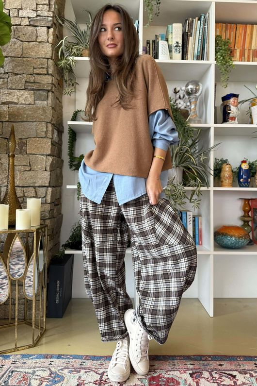 Patrick Plaid Brushed Cotton Barrel Pant Earth